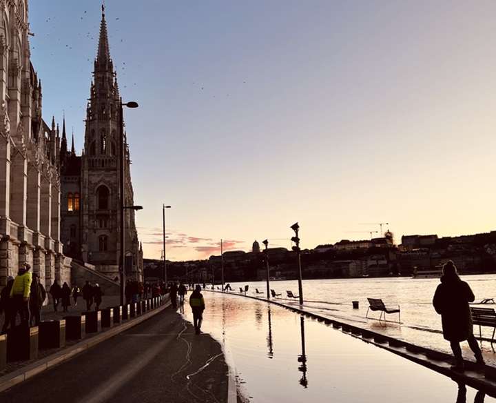 Budapest-Donau River in Hungary during a flood in January 2024